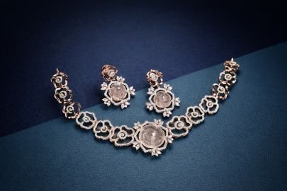 Divine Jewellery Ivory Rose Royale Rose Gold Necklace Set with Carved Floral Stone & Crystal Halo Detailing