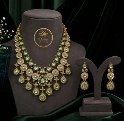 Divine Jewellery Kundan Polki Bridal Necklace Set with Earrings | Green & White Stone Gold Plated 92.5 Silver Jewellery