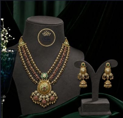 Divine Jewellery Layered Antique Pendant Necklace Set with Jhumka Earrings | Gold Plated Silver Ethnic Jewellery
