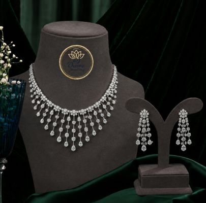 Divine Jewellery Luxury CZ Diamond Choker Necklace Set for Women | 92.5 Silver Bridal Party Wear Jewellery with Earrings