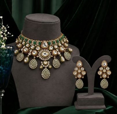 Divine Jewellery Luxury Kundan Choker Necklace Set with Earrings for Women | Antique Gold Plated Silver Bridal Jewellery