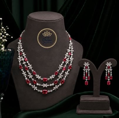 Divine Jewellery Luxury Layered Ruby Red Necklace Set for Women | Silver Plated American Diamond Bridal Jewellery with Earrings