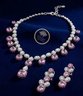 Divine Jewellery Luxury Pink Cushion Stone Diamond-Style Necklace Set with Drop Earrings