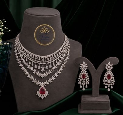 Divine Jewellery Luxury Ruby Red Stone Bridal Necklace Set | 92.5 Silver with Gold Plating | American Diamond Wedding Jewellery Set with Earrings
