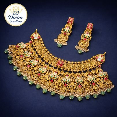 Divine Jewellery Maharani Shringar Grand Antique Gold Bridal Choker Necklace Set with Kundan Work & Green Bead Drops