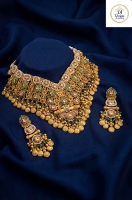 Divine Jewellery Maharani Temple Kundan Bridal Necklace Set with Green Stone Detailing & Heavy Earrings in 92.5 Silver with Antique Gold Finish