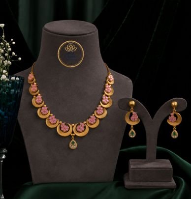 Divine Jewellery Matte Gold Floral Necklace Set for Women | 92.5 Silver Pink Stone Designer Jewellery with Earrings