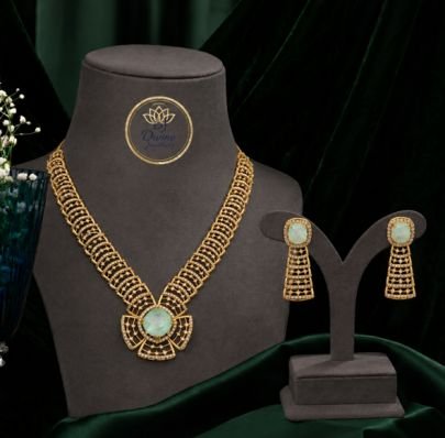 Divine Jewellery Mint Green Stone Designer Necklace Set with Matching Dangle Earrings | 92.5 Silver Gold Plated Contemporary Party Wear Jewellery