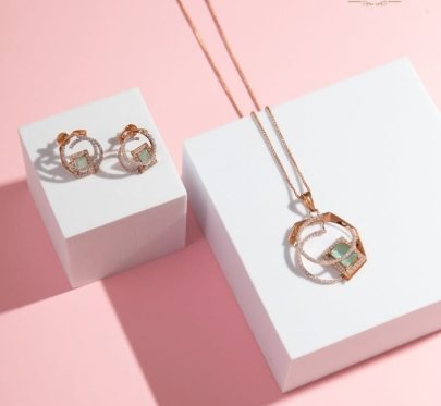 Divine Jewellery Modern Geometric Orbit Designer Pendant Necklace Set with Mint Stone Accent