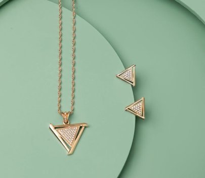Divine Jewellery Modern Geometric Triangle Designer Pendant Necklace Set with Crystal Inlay
