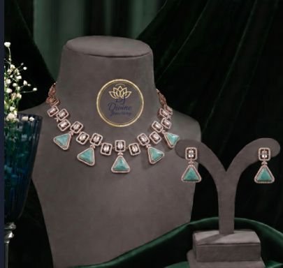 Divine Jewellery Modern Geometric Mint Stone Necklace Set for Women | 92.5 Silver Rose Gold Designer Jewellery