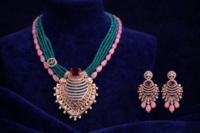 Divine Jewellery Multi-Layer Beaded Necklace Set with Ruby Pendant & Pink Drops in 92.5 Silver with Rose Gold Plating