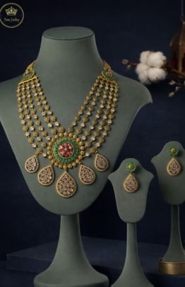 Divine Jewellery Multi-Layer Polki Bridal Necklace Set with Emerald and Ruby Center Pendant