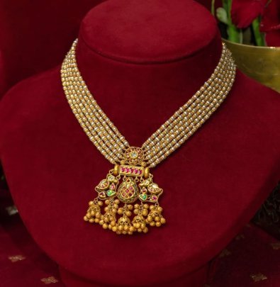 Divine Jewellery Multi-Layer Pearl Rani Haar with Antique Kundan Pendant & Jhumka Drops in 92.5 Silver with Gold Plating