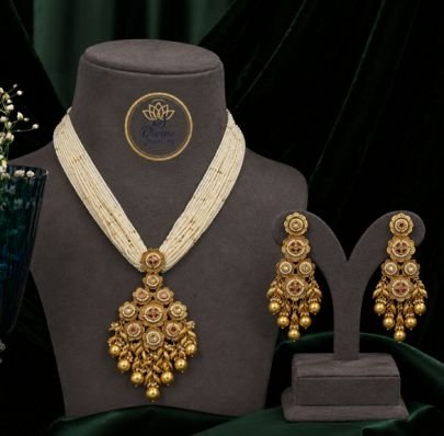 Divine Jewellery Multi-Layer Pearl Mala Necklace Set with Antique Floral Pendant & Matching Statement Earrings