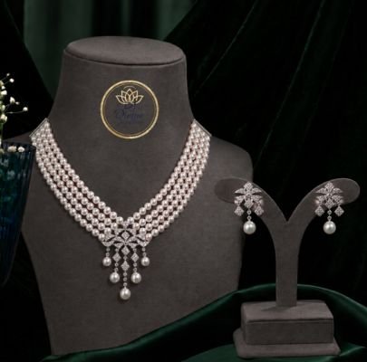 Divine Jewellery Multi Layer Pearl Necklace Set with CZ Diamond Floral Pendant & Matching Earrings | 92.5 Silver Rhodium Plated Party Wear Jewellery