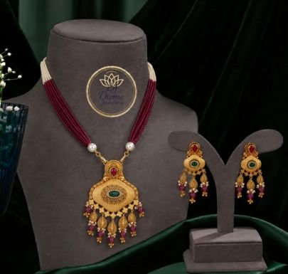 Divine Jewellery Multi Strand Beaded Pendant Necklace Set with Earrings for Women | 92.5 Silver Gold Plated Traditional Jewellery