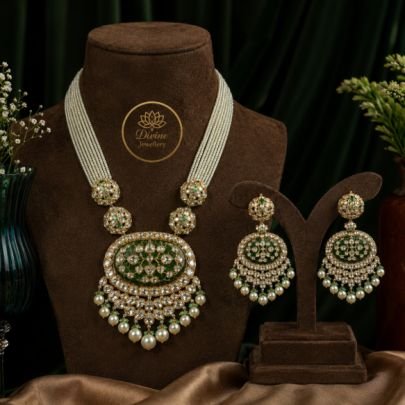 Divine Jewellery Multi Strand Pearl Kundan Necklace Set with Earrings | Green Stone Gold Plated 92.5 Silver Bridal Jewellery