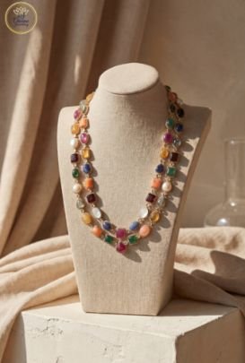 Divine Jewellery Multicolor Gemstone Designer Necklace with Diamond Style Halo Setting