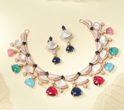 Divine Jewellery Multicolor Gemstone Statement Necklace Set with Mother of Pearl and Sapphire Drops