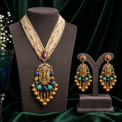 Divine Jewellery Multicolor Heritage Pendant Necklace Set for Women | Gold Plated 925 Silver Statement Necklace with Designer Earrings