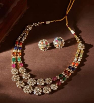 Divine Jewellery Navratna Kundan Floral Necklace Set with Multicolor Stones