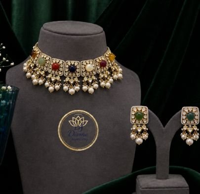 Divine Jewellery Navratna Pearl Choker Necklace Set with Earrings | Gold Plated 92.5 Silver Heritage Jewellery