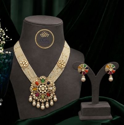 Divine Jewellery Navratna Pearl Layered Statement Necklace Set with Matching Earrings | 92.5 Silver Gold Plated Traditional Heritage Jewellery