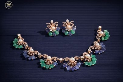 Divine Jewellery Pastel Floral Statement Necklace Set with Emerald Green, Sapphire Blue Stones and Pearl Accents