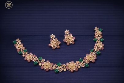 Divine Jewellery Pastel Floral Crystal Necklace Set with Rose Quartz and Emerald Green Stone Accents