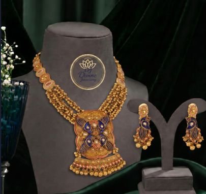Divine Jewellery Peacock Design Temple Jewellery Necklace Set with Earrings | Antique Gold Plated Bridal Jewellery for Women