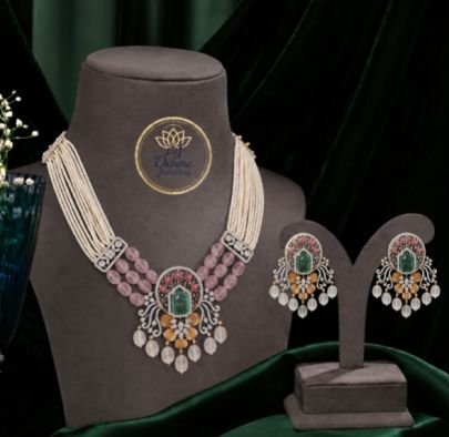 Divine Jewellery Pearl & Green Stone Necklace Set for Women | Designer Statement Choker with Matching Earrings | Wedding, Party, Festive & Bridal Jewe