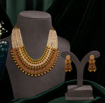 Divine Jewellery Pearl Multi-Strand Temple Choker Necklace Set with Earrings | 92.5 Silver Gold Plated Traditional Bridal Jewellery