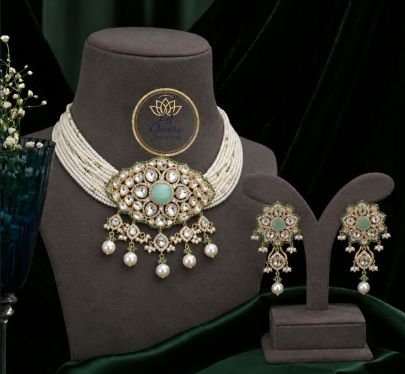 Divine Jewellery Pearl Polki Choker Necklace Set with Earrings for Women | 92.5 Silver Gold Plated Bridal Jewellery