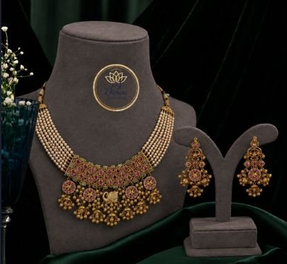 Divine Jewellery Pearl Temple Choker Necklace Set with Earrings for Women | 92.5 Silver Gold Plated Bridal Jewellery