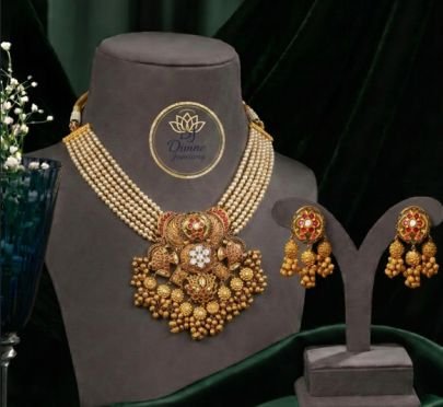 Divine Jewellery Pearl Temple Necklace Set for Women | Gold Plated Silver Bridal Pearl Choker with Earrings | Traditional Ethnic Jewellery