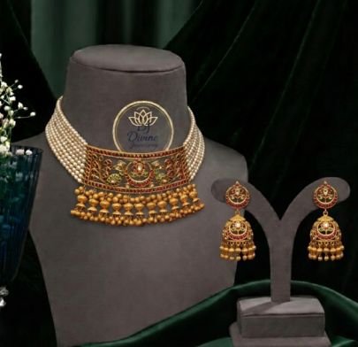 Divine Jewellery Pearl Temple Choker Gold-Plated 92.5 Silver Bridal Necklace Set with Jhumka Earrings