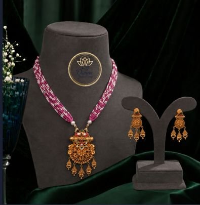 Divine Jewellery Pink Beaded Antique Pendant Necklace Set with Earrings for Women | Gold Plated Silver Base Traditional Jewellery