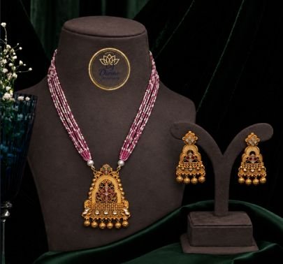 Divine Jewellery Pink Beaded Antique Gold-Plated Pendant Necklace Set with Traditional Jhumka Earrings