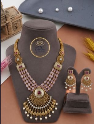 Divine Jewellery Pink Beaded Temple Necklace Set with Earrings for Women | 92.5 Silver Gold Plated Antique Bridal Haar