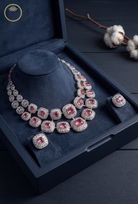 Divine Jewellery Pink Cushion Crystal Halo Designer Necklace Set