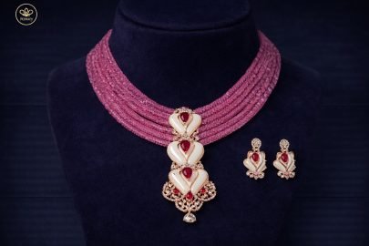 Divine Jewellery Pink Multi-Strand Beaded Necklace Set with Heart Motif Pendant and Designer Earrings