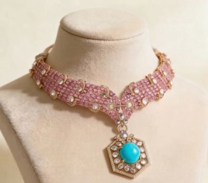 Divine Jewellery Pink Stone Designer Choker Necklace with Turquoise Pendant