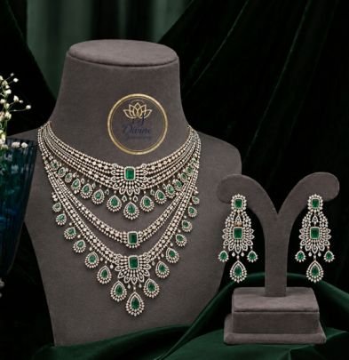 Divine Jewellery Premium Emerald Green Bridal Necklace Set in 92.5 Silver with American Diamond Detailing