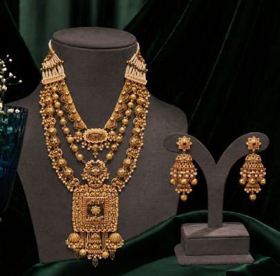 Divine Jewellery Rajwadi Antique Multi-Layer Pendant Necklace Set with Jhumka Earrings | Gold Plated 92.5 Silver Bridal Heritage Jewellery