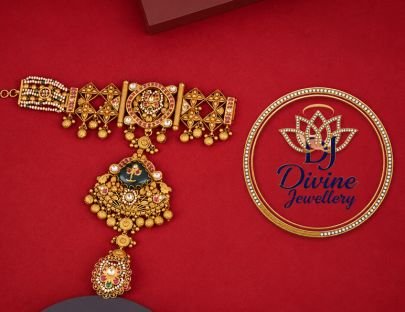 Divine Jewellery Rajwadi Maang Tikka with Antique Pendant Design | Gold Plated 92.5 Silver Bridal Forehead Jewellery