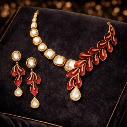 Divine Jewellery Red Enamel Leaf Statement Necklace Set with Mother-of-Pearl Stones and Designer Earrings