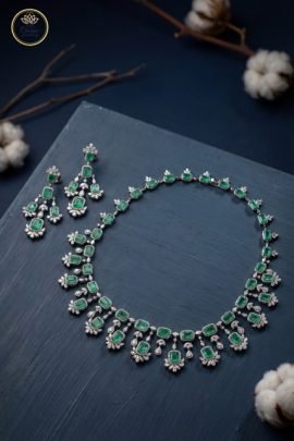 Divine Jewellery Regal Emerald Diamond-Style Necklace Set with Floral Drop Detailing