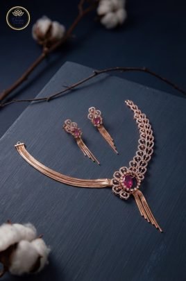 Divine Jewellery Regal Ruby Lace Rose Gold Collar Necklace Set with Crystal Tassel Fringe