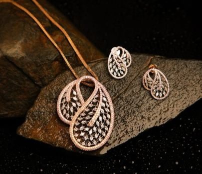 Divine Jewellery Rose Gold Crystal Infinity Pendant Necklace Set with Designer Earrings and Ring